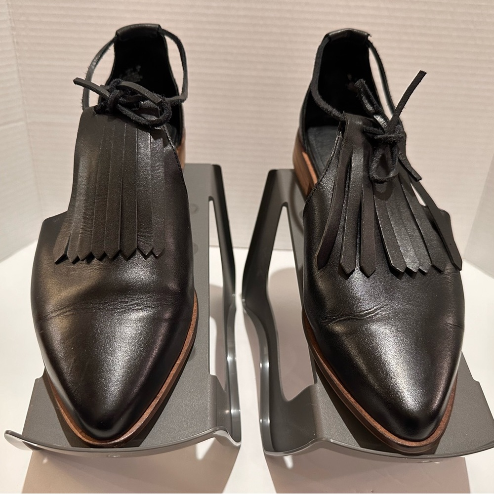 Kelsi Dagger Black Leather Fringe Lace-Up Loafers